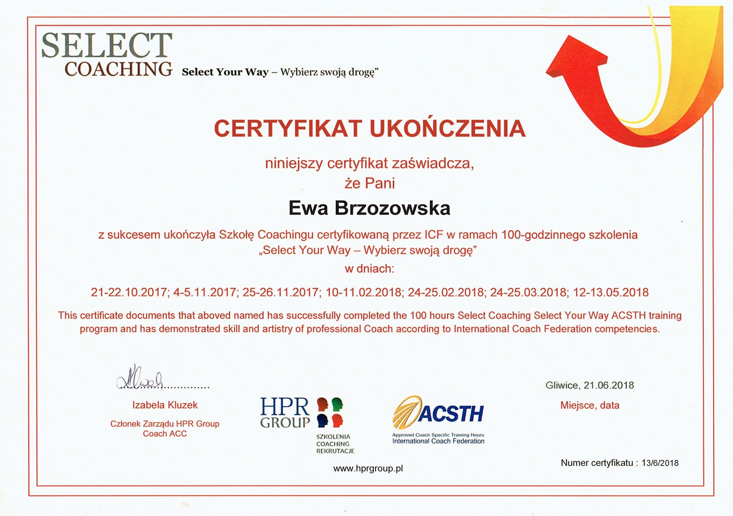 Certyfikat coachingu Ewa Brzozowska