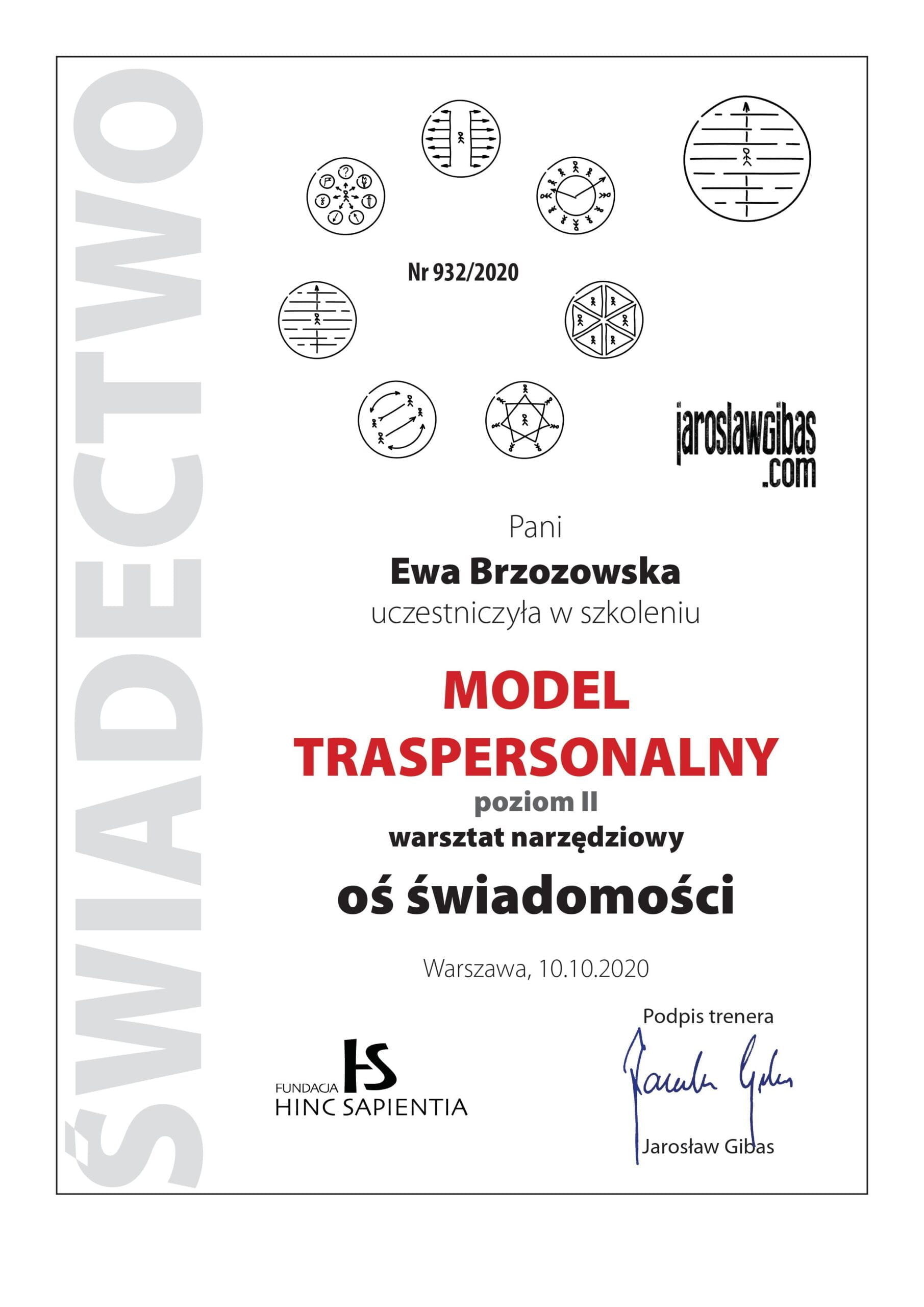Certyfikat dla Ewy Brzozowskiej za udział w szkoleniu Transpersonalny Model Zmian Oś świadomości