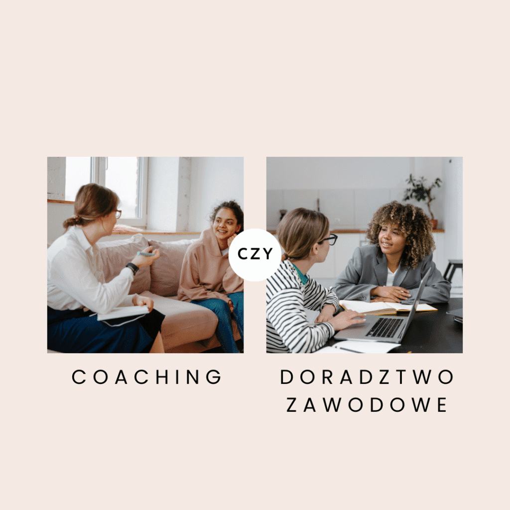 Po lewej stronie dwie młode kobiety są w trakcie sesji coacingowej, po prawej stronie odbywa się doradztwo zawodowe - spotkanie