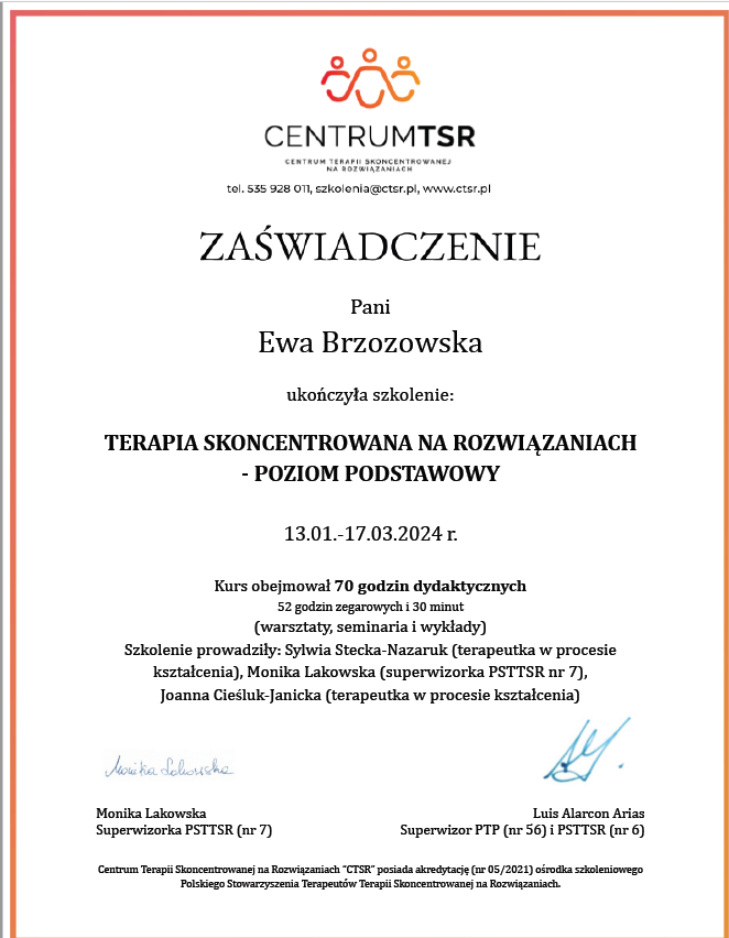 Zaświadczenie ukończenia Terapii Skoncentrowanej na Rozwiązaniach Moduł I Ewa Brzozowska wydane przez Centrum TSR