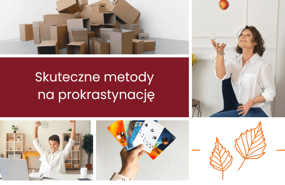 Ogłoszenie na temat warsztatów prowadzonych przez Ewa Brzozowsk. Temat warsztatów to prokrastynacja czyli" Skuteczne metody walki z prokrastynacją". Na obrazkach widać prowadzącą, jabłko, pudełka tekturowe i kobietę sukcesu przy komputerze.