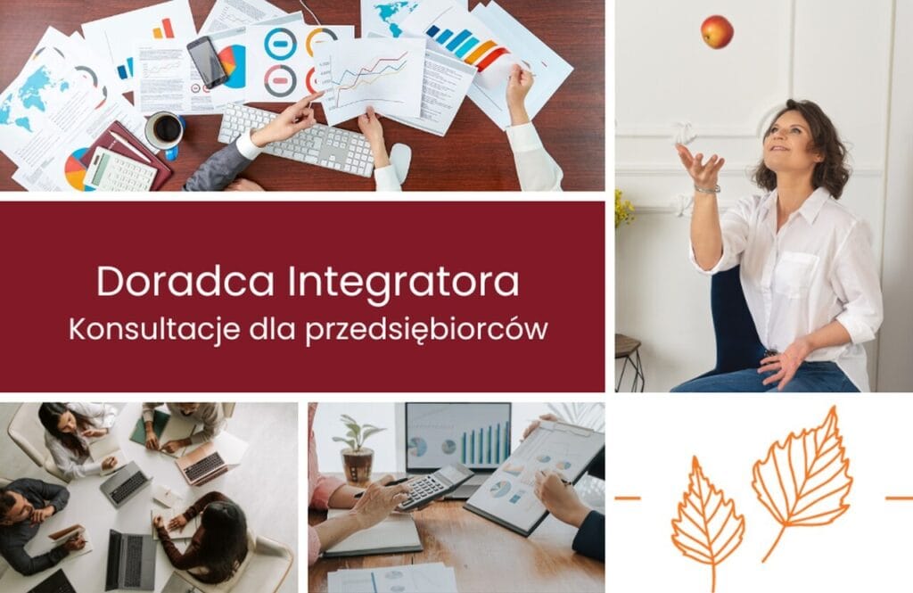 Na zdjęciu Ewa Brzozowska, reklamuje spotaknia doradcy Integratora, konsultacje dla przedsiębiorców. Jest też terminarz i ludzie wspólnie pracujący w biurze